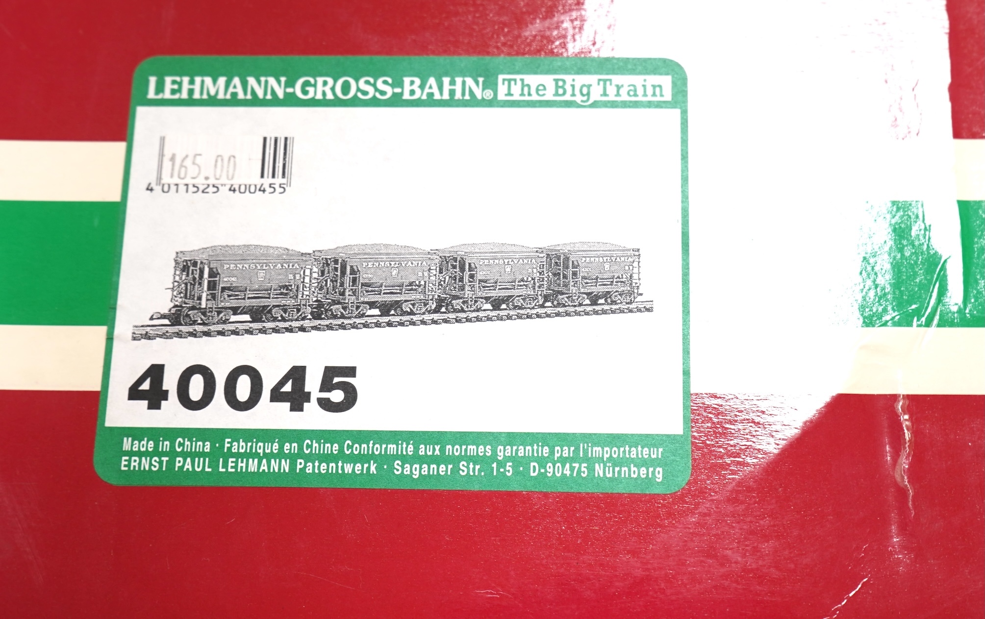 A boxed G scale (45mm) LGB set of four hopper wagons (40045). Condition - good.